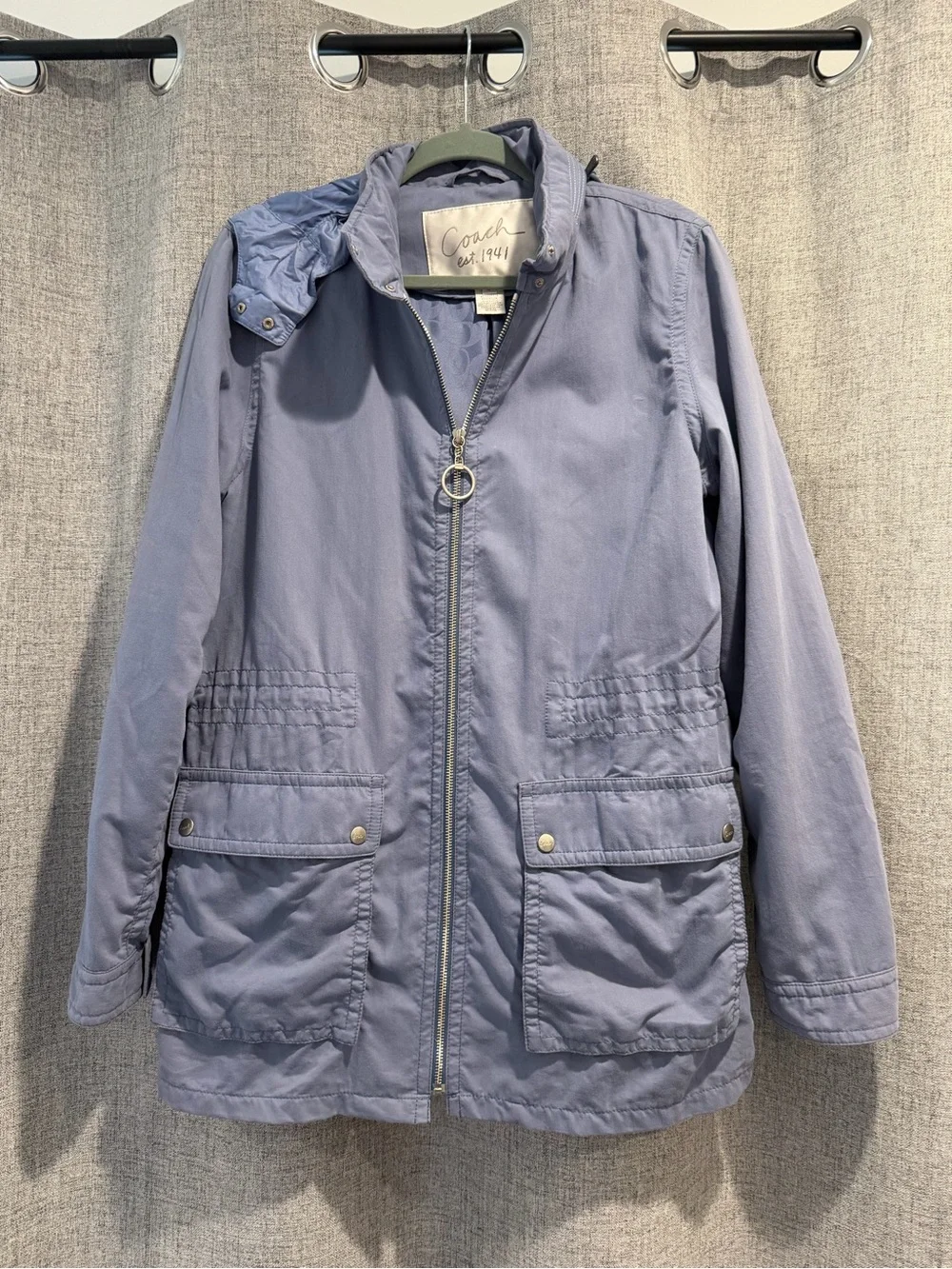 Coach Light Blue Rain Jacket with Front Flap Pockets